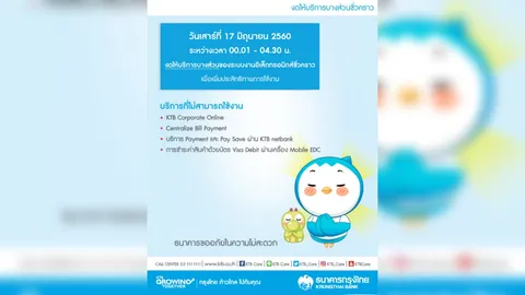 กรุงไทยปิดระบบอิเล็กทรอนิกส์ชั่วคราว 17 มิ.ย.นี้ ช่วง 00.01 – 04.30 น.