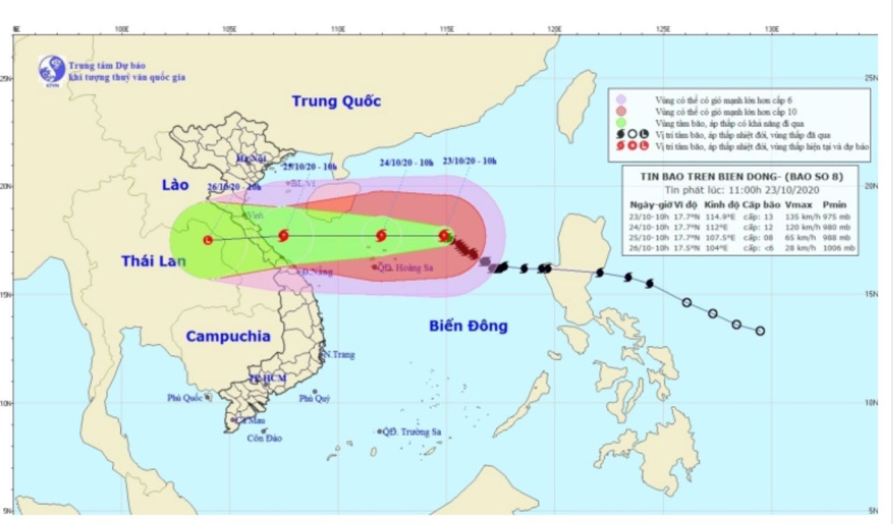 สำนักอุตุนิยมวิทยาเวียดนามเผยแพร่ภาพทิศทางการเคลื่อนตัวของพายุไต้ฝุ่น โซเดล เมื่อ 23 ต.ค.63