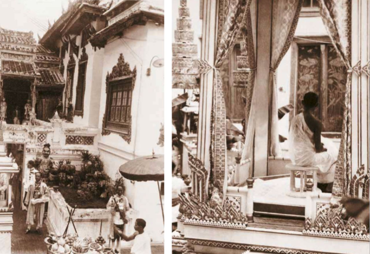 พระบาทสมเด็จพระปกเกล้าเจ้าอยู่หัว ทรงพระภูษาเศวตพัสตร์ ทรงสะพักขาวขลิบทอง ทรงจุดเทียนสังเวยเทวดากลางหาว และประทับ ณ ตั่งไม้อุทุมพรหุ้มผ้าขาวในมณฑปพระกระยาสนาน เมื่อ 25 กุมภาพันธ์ 2468