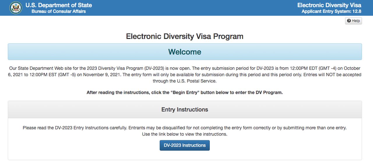 หน้าสมัครจาก Electronic Diversity Visa เว็บไซต์ dvprogram.state.gov