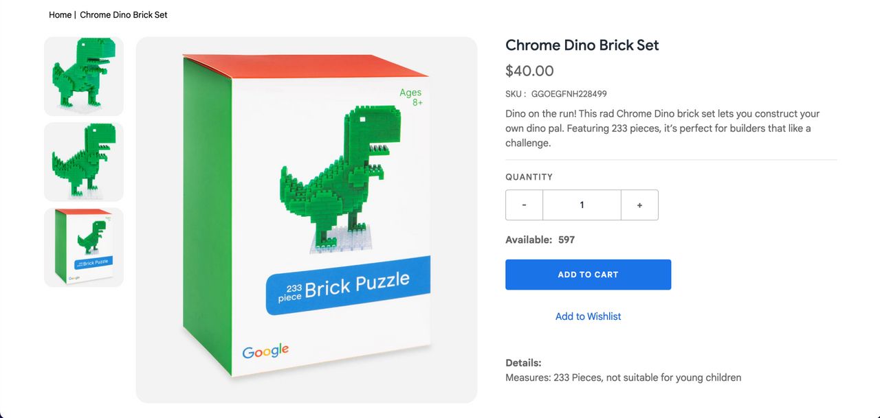 Chrome Dino Brick Set ราคา 40 ดอลลาร์สหรัฐ