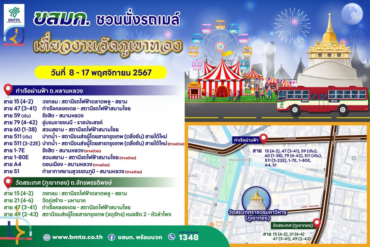 งานวัดภูเขาทอง 2567 ไปยังไง? รวมสายรถประจำทางและเรือโดยสารที่สามารถเดินทางไปได้