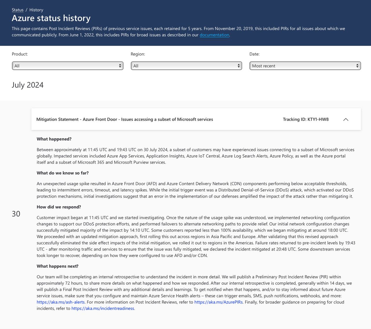 Azure status history : Mitigation Statement - Azure Front Door - Issues accessing a subset of Microsoft services 