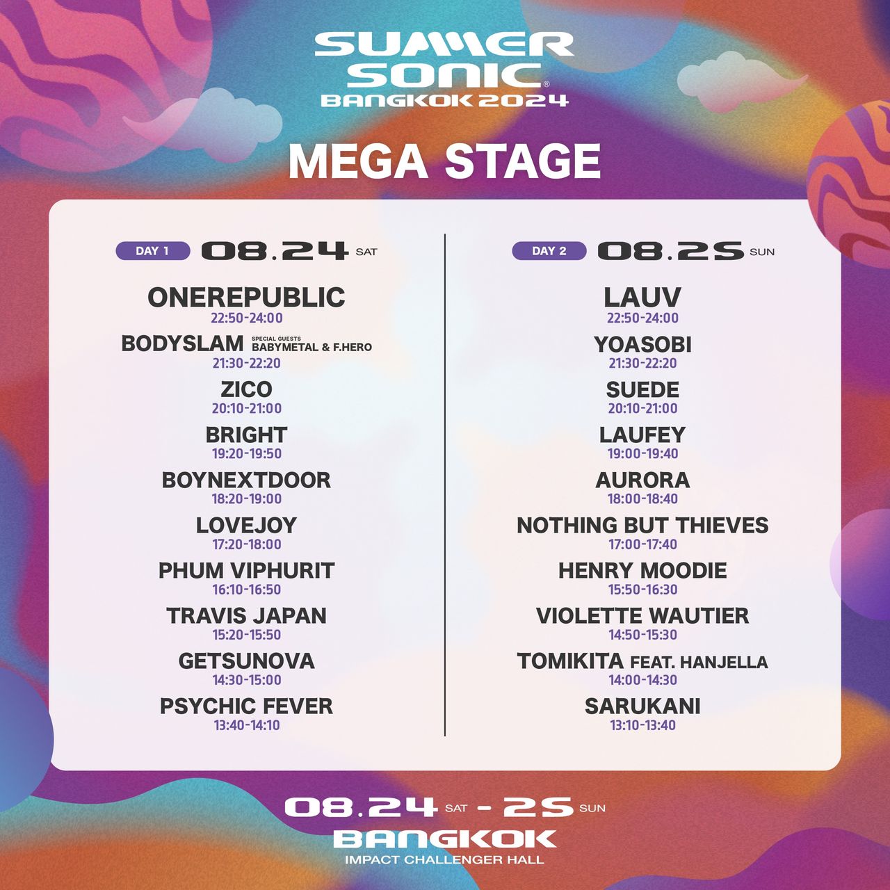 รายชื่อศิลปินงาน Summer Sonic Bangkok 2024 บนเวที Mega Stage ในวันที่ 24-25 สิงหาคมนี้