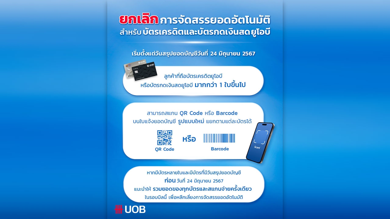 ผู้ถือบัตรต้องรู้! ธนาคารยูโอบี ยกเลิกการจัดสรรยอดอัตโนมัติในการชำระเงินบัตรเครดิตและบัตรกดเงินสด