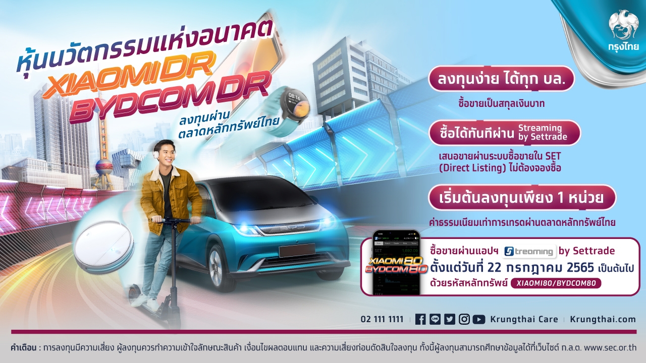 กรุงไทย รุกหุ้นตปท.ส่ง Xiaomi-BYDCOM DR ลงทุนหุ้นนวัตกรรมแห่งอนาคต พร้อมเทรดผ่าน SET 22 ก.ค.นี้